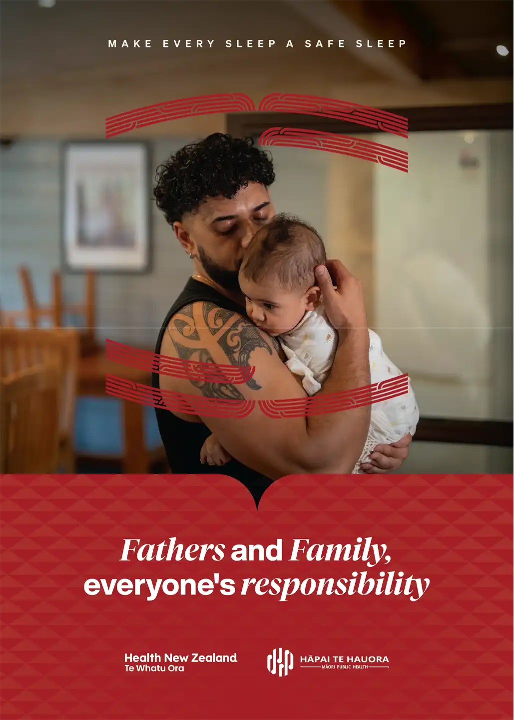Fathers and Family campaign card — a father holding his pēpi