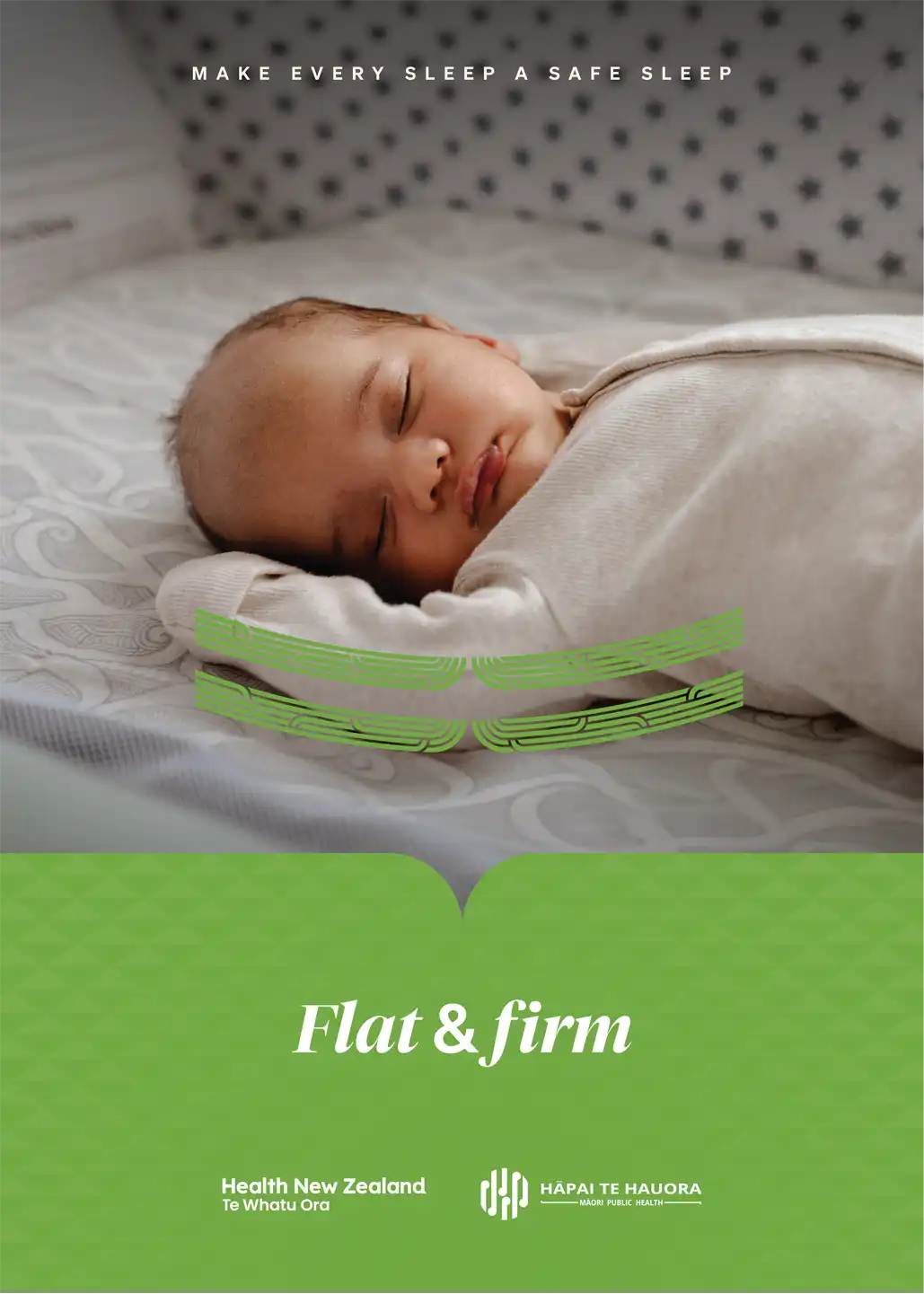 Flat and Firm campaign card — a pēpi asleep on a firm, flat mattress