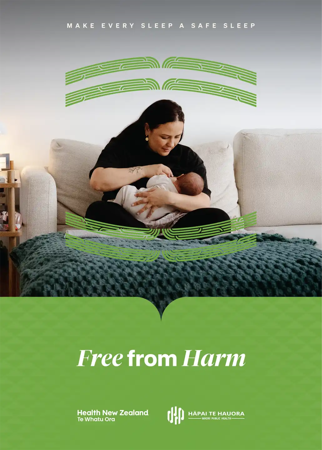 Free from Harm campaign card — a māmā breastfeeding her pēpi